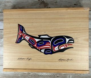 Roxana Leask Salmon & Eagle Wooden Box Trinket Jewelry Keepsake Box Inuit Art
