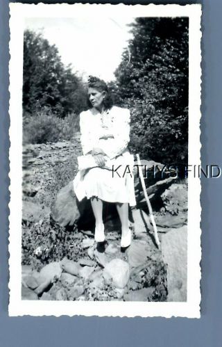 Found B&w Photo G,  7332 Pretty Woman In Dress Sitting On Rock