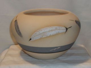 Native American Indian Pottery Vase - Signed Grey Feather