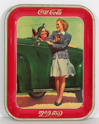 1942 Coca - Cola Tin Lithograph Advertising Tray Two Girls At The Car Coke Tray