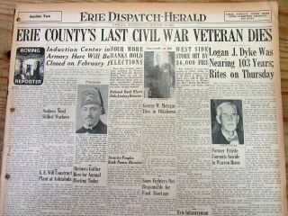 1945 Headline Newspaper W Death Of Last Civil War Veteran From Erie Co,  York