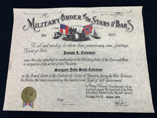 Military Order Of The Stars & Bars Named Certificate