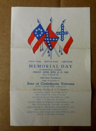 Memorial Day 1946 Jacksonville Florida Sons Of Confederate Veterans Program 1