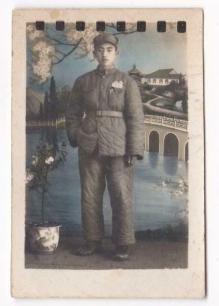 Chinese Pla Soldier Winter Uniform Web Belt Hand Colored Studio Photo 1953 China