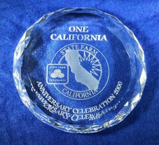 Vintage State Farm Insurance Glass Paperweight Advertising Anniversary Award
