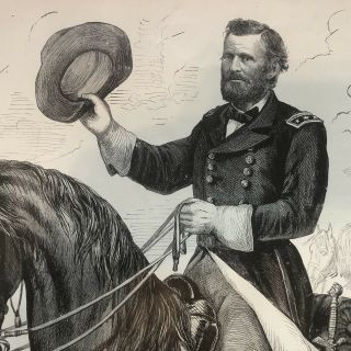 Large 1893 Poster Engraving Of Civil War Union General Ulysses S Grant On Horse