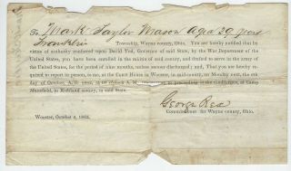 Oct 2nd 1862 Civil War Ohio Militia Enrollment Draft Notice Wooster Wayne County