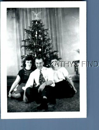 Found B&w Photo G,  2627 Man Sitting By Christmas Tree With Pretty Women