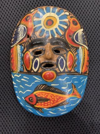 Vtg Mexican Mask Clay Pottery Hand Painted Birds Fish Colorful Folk Art Wall