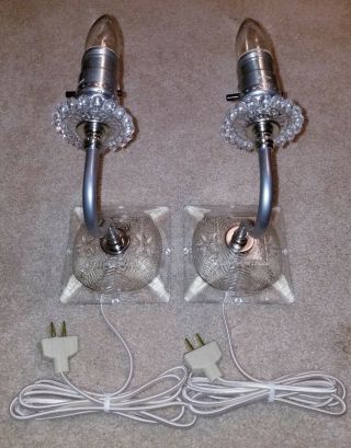 Rare Vintage Clear Sandwich Glass & Chrome Wall Sconce Lamps