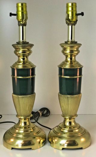 18 " Tall Polished Brass & Emerald Green Vintage Table Lamps 3 Way Switch
