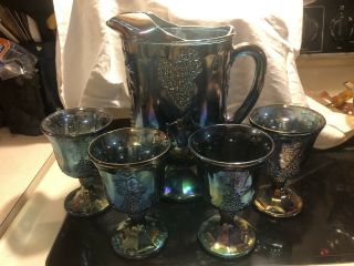 Vintage Indiana Carnival Glass Pitcher And 4 Goblets Colony Harvest Grape Blue