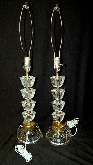 Pair Mid Century Crystal Lucite Glass Hollywood Regency Cubist Table Lamps