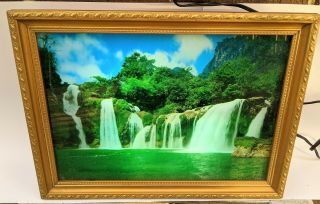 Vintage Framed Light Up Motion Waterfall Wall Picture With Water Bird Sounds