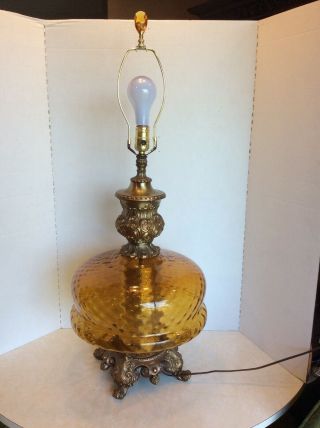 Vintage Hollywood Regency Mid Century Modern Amber Glass Globe 3 Way Table Lamp