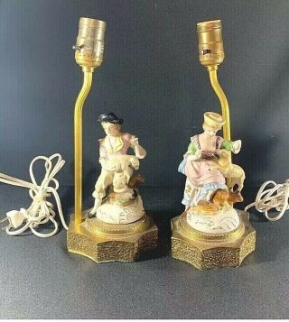 Vintage French Victorian Lamps Lady Man Figural Couple Porcelain Resin Set Of 2