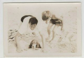Antique Vintage Photograph Black And White Father And Son On Beach With Dog