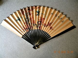 Vintage Large Oriental Hand Painted Fan Wall Hanging 55 Inch Width By 31 Inches