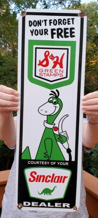 Large 1950s Old Sinclair Dino Gasoline Porcelain Gas Pump Sign " Green Stamps "