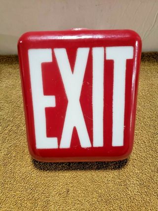 Vintage Ruby Red Light Exit Sign Glass Globe Triangle Wedge Double Sided Light