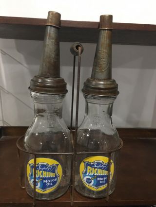 Vintage Style Richlube 1 Quart Glass Motor Oil Bottles With Carry Case