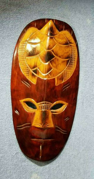 Vintage Hand Carved Treated Wood Mask With Turtle