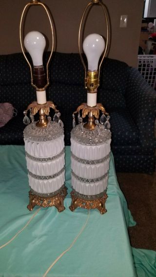 Pair Vintage Mid Century Table Lamps 3 Way Crystals Hollywood Regency