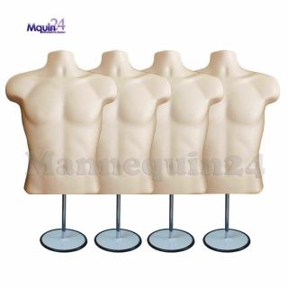 4 Pack Male Torso Mannequin Forms Flesh W/4 Stands,  4 Hanging Hooks Men Clothing