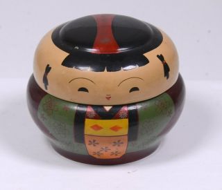 Vintage Hand Painted Japanese Wooden Lidded Rice Bowl Child Figure 3.  5 " H X 4 " D