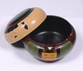 Vintage Hand Painted Japanese Wooden LIDDED RICE BOWL Child Figure 3.  5 