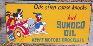 Large Vintage Sunoco Motor Oil Porcelain Sign Gas Oil Donald Duck 1930s