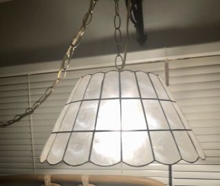 Vintage Mid Century Modern Capiz Shell Hanging Light Swag Lamp Diameter 16,  8 “
