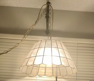 Vintage Mid Century Modern Capiz Shell Hanging Light Swag Lamp Diameter 16,  8 “ 2