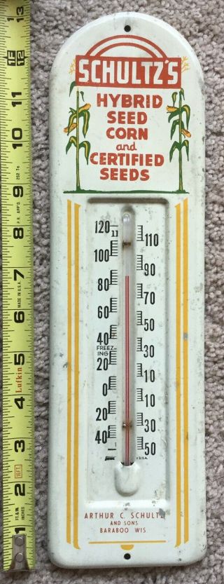 Schultz’s Hybrid Seed Corn Seeds Advertising Thermometer Sign Baraboo Wisconsin