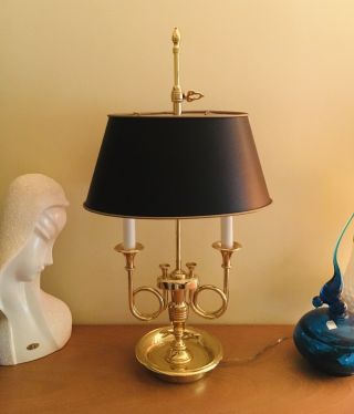 Vtg Baldwin Brass Bouillotte Table Lamp 2 Arm Candelabra Black Shade