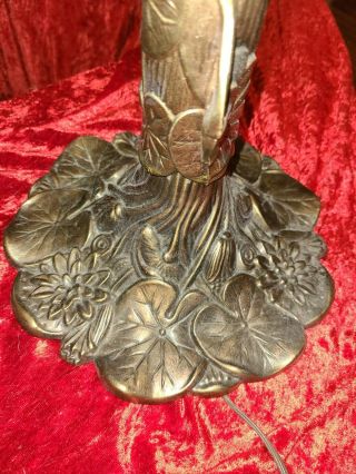Vintage Large Art Nouveau Bronze Lily Pad Style Double Bulb Pull Chain Lamp Ring