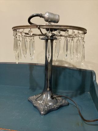 Vintage Silver Plate Table Lamp With Crystals M.  B Co.