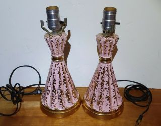 Vintage Ceramic Table Lamps Pair Pink Gold Mid Century Modern 50s Atomic Set