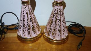 Vintage CERAMIC TABLE LAMPS PAIR Pink Gold Mid Century Modern 50s atomic set 2