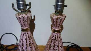 Vintage CERAMIC TABLE LAMPS PAIR Pink Gold Mid Century Modern 50s atomic set 3