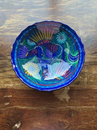 Hand Painted Mexican Terra Cotta Clay Pottery 3 Footed Bowl Dish Birds Colorful