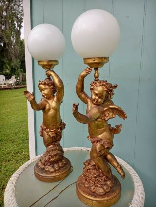 Vintage Set Of 2 Art Deco Angels Cherub Table Lamps Glass Globe Shade 33 