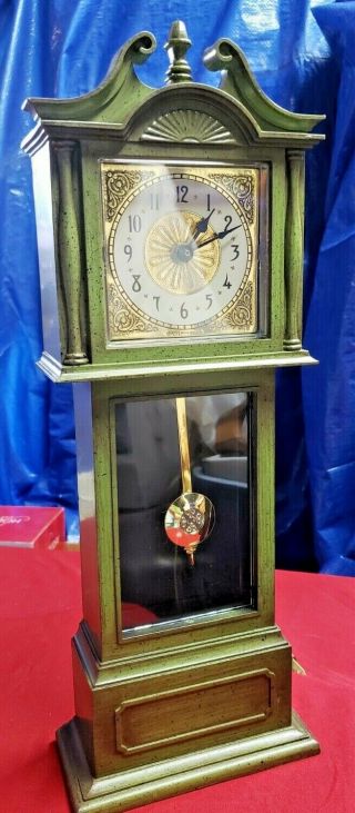 Vintage Spartus Mini Grandfather Clock Mantel Plastic Wood Olive Tone Electric