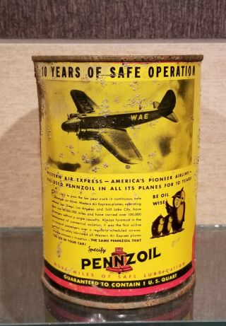 1940s Pennzoil One Quart Motor Oil Can Oil City Pennsylvania Plane & Owls