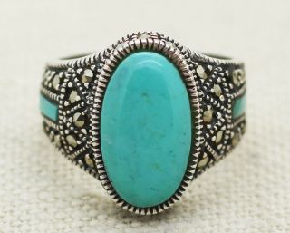 Vintage Sterling Silver Turquoise Marcasite Ring Size 7