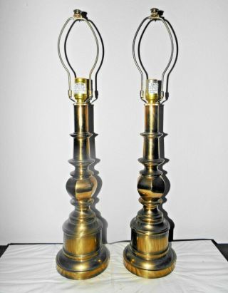 Lamps Pair Vintage Stiffel 3 - Way Fancy Ornate Brass Metal Table Lamps