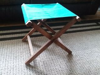 Vintage Green Folding Stool Fishing Camp Chair - Canvas And Wood