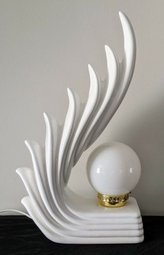 Mid Century Art Deco Wave / Angel Wing Retro White Ceramic Table Lamp
