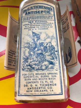 RARE CIVIL WAR DR.  TICHENOR ' S Antiseptic Refrigerant Confederate Label Bottle 2