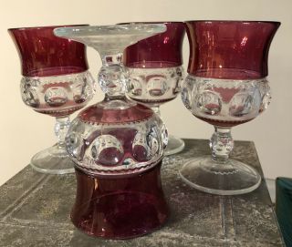 Set Of 4 Vintage Indiana Glass Kings Crown Ruby Flash Thumbprint Goblets 5 - 5/8 "